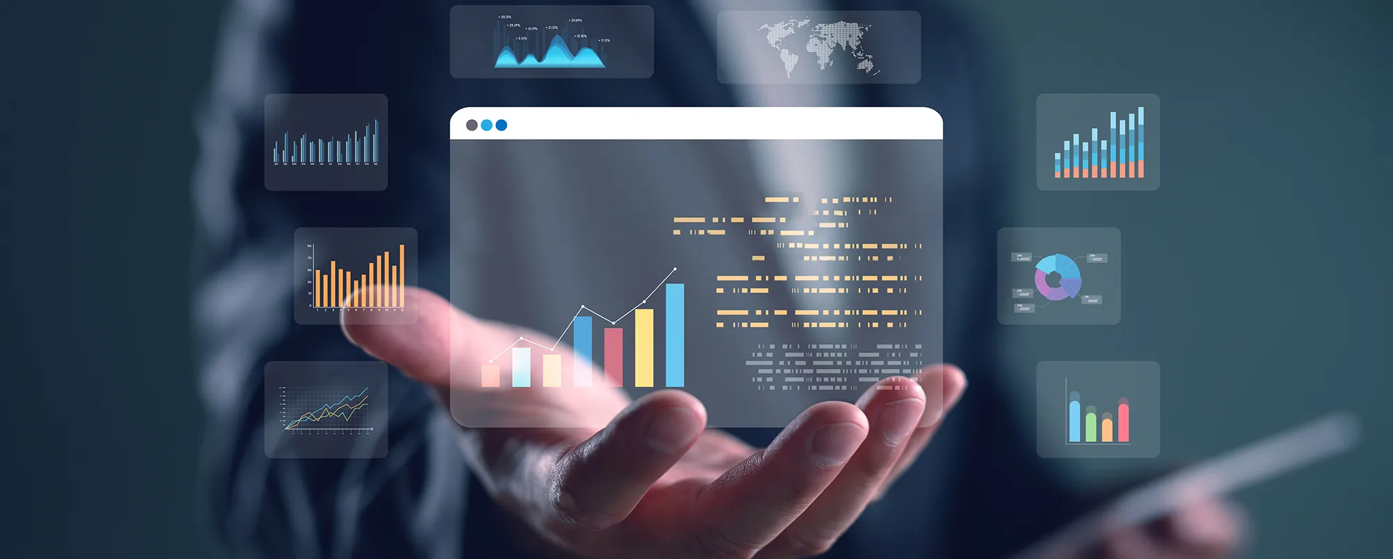 Digital marketing ads concept showing a businessman with floating analytics and advertising dashboard. Perfect for online advertising, social media strategy, SEO, PPC, and growth campaigns.