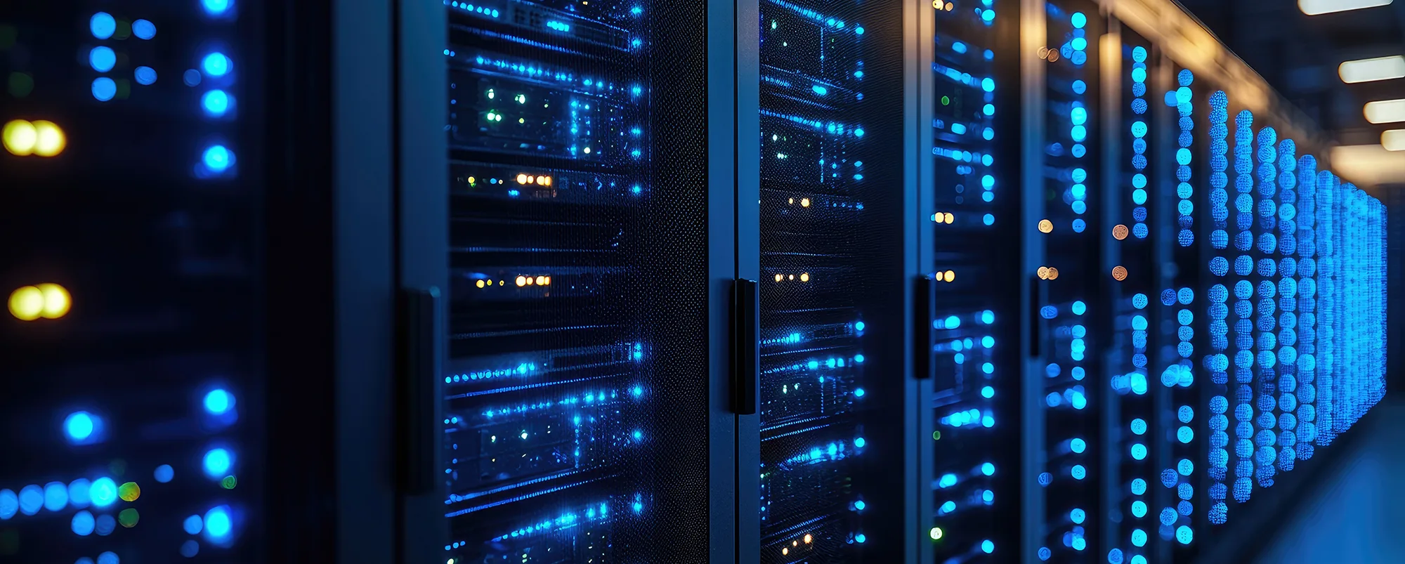 Close up of illuminated server racks in a high tech data center,